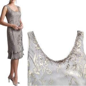 Unique Pure  Silk Burnout Floral Pattern Tiered Sleeveless Midi Embelished Dress